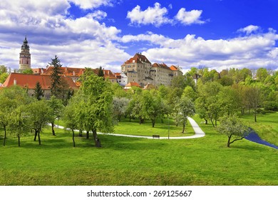 City Skyline Of Cesky Krumlov View From City Park In Spring