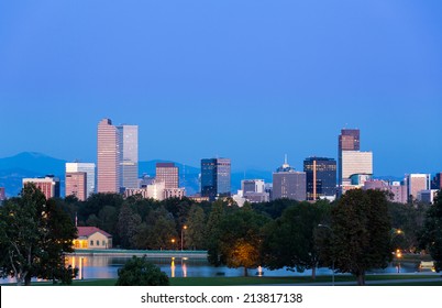 City skyline of Denver Colorado from the City Park taken from front of Science Museum just before sunrise