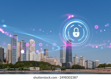 City skyline with digital lock icon overlay, futuristic style, clear blue sky background, concept of cybersecurity and data protection