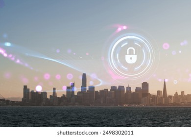 City skyline with digital security padlock overlay and neon light effects, representing cybersecurity and digital protection concepts - Powered by Shutterstock - Get 15% off with code: PIKWIZARD15