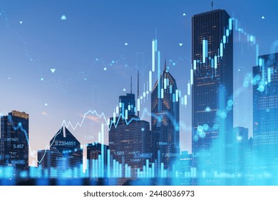 A city skyline with digital stock market graphs overlay, representing business and technology in an urban environment. Double exposure