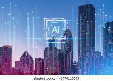 A city skyline at dusk with a digital hologram of AI and circuit lines overlay. Graphic design concept with urban background. Double exposure - Powered by Shutterstock - Get 15% off with code: PIKWIZARD15