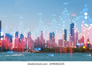 City skyline with financial data overlay, vertical bars and numbers, daytime clear sky background. Concept of financial growth and urban development - Powered by Shutterstock