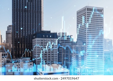 City skyline with high-rise buildings and a financial graph overlay. Concept of financial growth, investments, and economic trends - Powered by Shutterstock