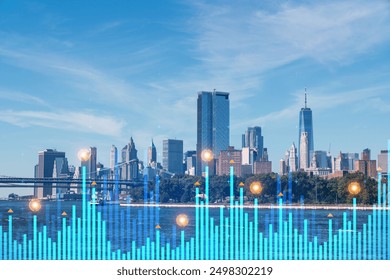 City skyline with high-rise buildings overlaid with a graphic financial bar chart, against a clear blue sky. Concept of urban economics and finance - Powered by Shutterstock