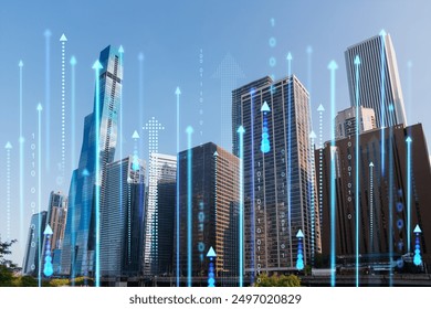 City skyline with high-rise buildings under a clear sky, featuring digital arrows and binary code. Concept of business growth and technology advancement