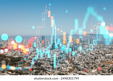 City skyline with a holographic overlay of financial data, graphs, and charts. Clear sky background. Concept of technology and finance innovation