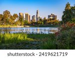 City skyline of Los Angeles downtown in California during sunset from Echo Lake Park.