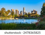 City skyline of Los Angeles downtown in California during sunset from Echo Lake Park.