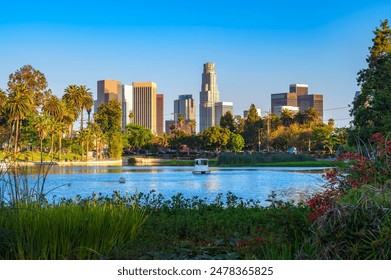 City skyline of Los Angeles downtown in California during sunset from Echo Lake Park. - Powered by Shutterstock