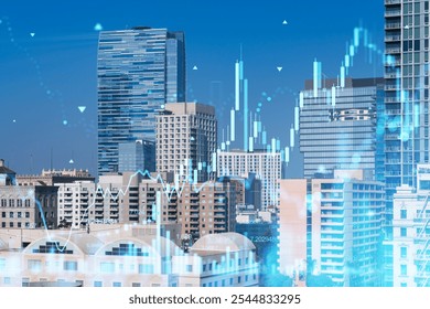 A city skyline with modern skyscrapers and financial charts overlay, representing business growth and investment. Clear blue sky background - Powered by Shutterstock