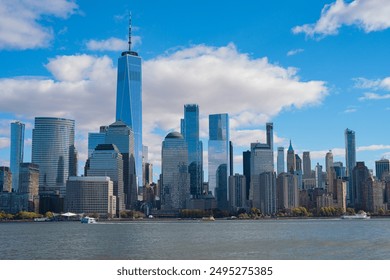 The city skyline of New York City in USA, United States. Blue sky day with iconic buildings. New York City NYC Manhattan Downtown Skyline, viewed from Jersey City, USA. - Powered by Shutterstock