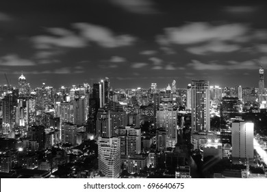 City Skyline At Night, Cityscape Background, Long Exposure Technique For Cloud Movements