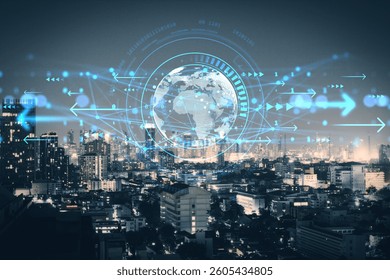 City skyline at night with glowing holographic world map and digital data overlay, neon blue concept of global networking and information flow