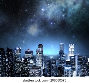 city skyline at night under a starry sky