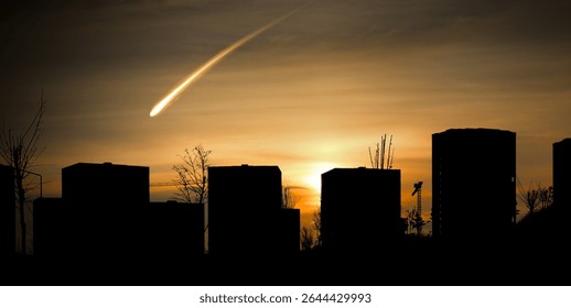 City skyline and photo of meteor, asteroid or celestial body. Burning comet and sunset sky.