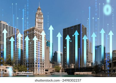 City skyline with rising digital arrows and binary code, symbolizing economic growth and data analysis against a clear sky background. Concept of financial progress and technology