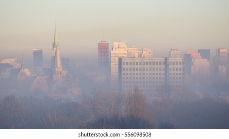 City In Smog. Lodz, Poland.