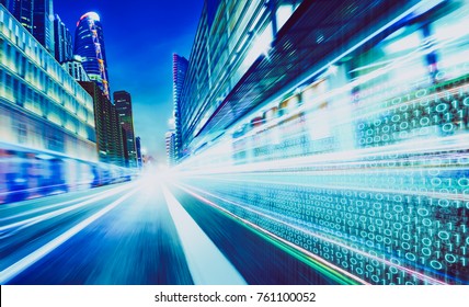 City street with binary code numbers on motion blurred asphalt  road , speed and faster digital matrix technology information concept .