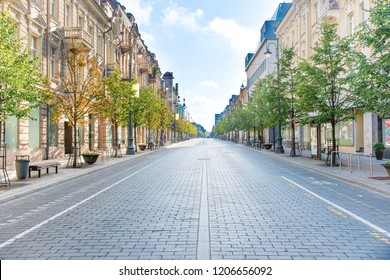 City Street With Empty Road And Morning Light In Europe, Lithuania, Vilnius