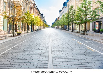 City Street With Empty Road And Morning Light In Europe, Lithuania, Vilnius