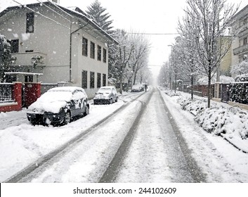 City Street With White Snow In The Winter