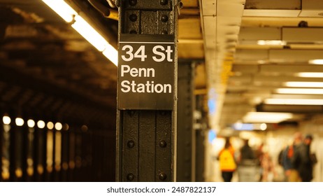 The city subway view with the old platform and lights on in the New York city - Powered by Shutterstock