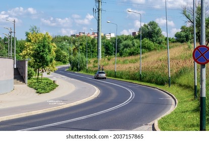 City Summer Landscape, Asphalt Road In The City, Turn, The Car Moves On The Highway