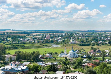 City Summer Landscape From Birds Eye Perspective. Famous Russian Town Suzdal, Summer And Green Meadows. Concept Of Panoramic View, Landmark, Touristic Place