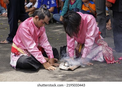 City Of Surabaya, State Of Indonesia. March 8, 2015. The Traditional Indonesian Dance Kuda Lumping Performer Dancing While In A Trance.