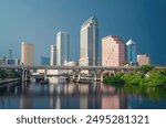 City Tampa, Florida. Panorama of Downtown Tampa FL. Hillsborough river. Beautiful day cityscape. Glass and reinforced concrete Residential and commercial skyline buildings. United States of America