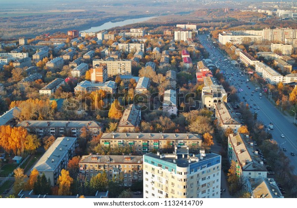 City. Top view of houses,\
streets, Avenue with cars. Ufa, Russia.Bird\'s-eye\
view.