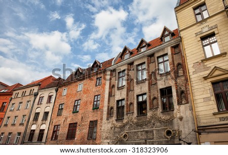 City of Torun in Poland, historic tenement houses, apartment buildings in the Old Town