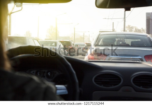 city traffic view\
from the car. Rush hour