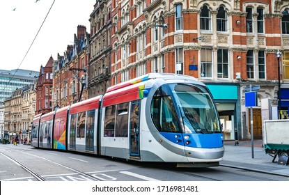 City tram on a street of Birmingham in England