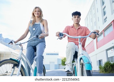 City Travel, Bicycle And Couple Friends Portrait For Outdoor Summer, Youth Wellness Lifestyle. Gen Z Woman Or People With Bike Cycling For Carbon Footprint, Date Or Free Time Together In Urban Street