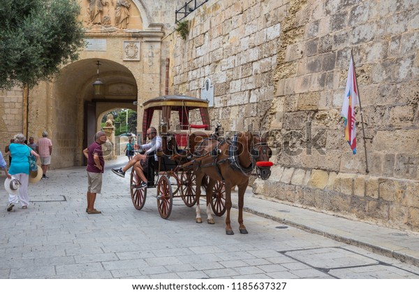 City Valleta, Malta, Europe. Horse at city\
street and urban view. Cars, peoples and architecture. Travel photo\
2018 september.