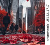 City view of autumn coming to Toronto Downtown filled with A lot of skyscrapers, with red maple leaves on the street and busy business people walking quickly