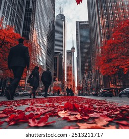 City view of autumn coming to Toronto Downtown filled with A lot of skyscrapers, with red maple leaves on the street and busy business people walking quickly - Powered by Shutterstock