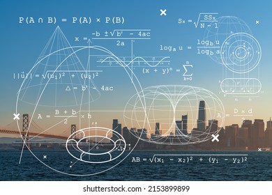 City view, Bay Bridge and San Francisco Skyline Panorama from Treasure Island, sunset, California, United States. Technologies, education concept. Academic research, top ranking university, hologram