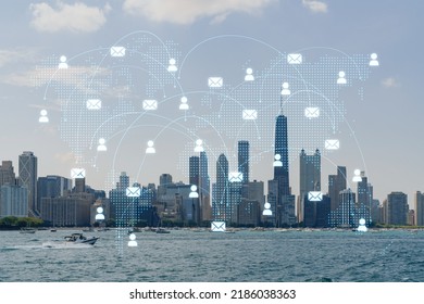City view, downtown skyscrapers, Chicago skyline panorama over Lake Michigan, harbor area, day time, Illinois, USA. Social media hologram. Concept of networking and establishing new people connections