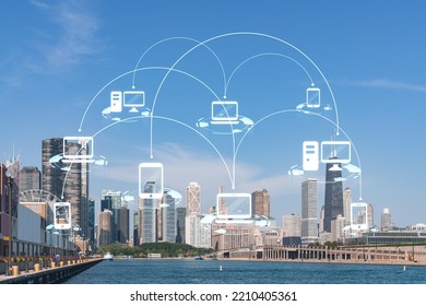 City View, Downtown Skyscrapers, Chicago Skyline Panorama Over Lake Michigan, Harbor Area, Day Time, Illinois, USA. Social Media Hologram. Concept Of Networking And Establishing New People Connections