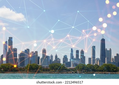 City View, Downtown Skyscrapers, Chicago Skyline Panorama Over Lake Michigan, Harbor Area, Day Time, Illinois, USA. Social Media Hologram. Concept Of Networking And Establishing New People Connections