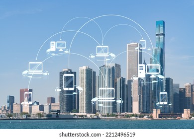 City View, Downtown Skyscrapers, Chicago Skyline Panorama Over Lake Michigan, Harbor Area, Day Time, Illinois, USA. Social Media Hologram. Concept Of Networking And Establishing New People Connections