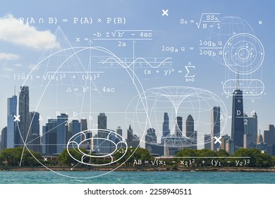 City view of Downtown skyscrapers of Chicago skyline panorama over Lake Michigan, harbor area, day time, Illinois, USA. Education concept. Academic research, top ranking universities, hologram - Shutterstock ID 2258940511