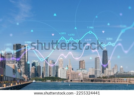 City view, downtown skyscrapers, Chicago skyline panorama, Lake Michigan, harbor area, daytime, Illinois, USA. Forex graph hologram. The concept of internet trading, brokerage and fundamental analysis
