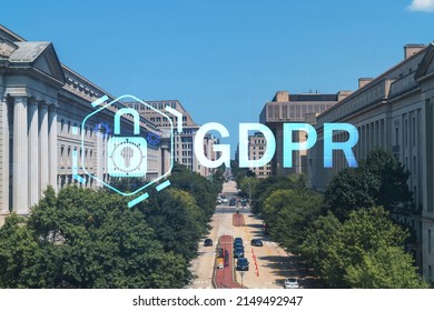 City View Of Iconic Buildings In Washington DC, USA. Political Core Center Of The United States Of America. GDPR Hologram, Concept Of Data Protection Regulation And Privacy For All Individuals