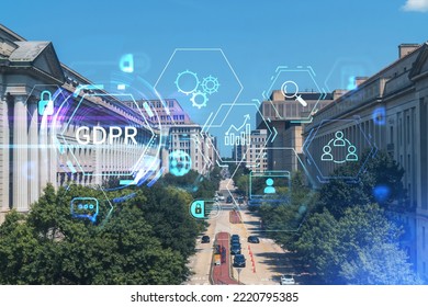 City View Of Iconic Buildings In Washington DC, USA. Political Core Center Of The United States Of America. GDPR Hologram, Concept Of Data Protection Regulation And Privacy For All Individuals