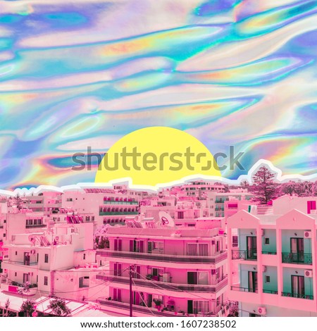 City view on psychedelic colorful sky background in holographic style. Tropical travel concept. Surreal art collage