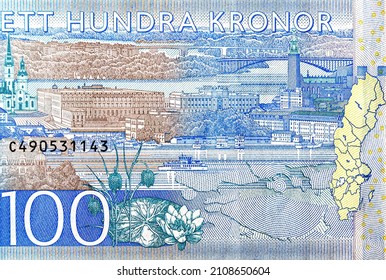 City view of Stockholm from 100 Kronor Sweden Banknote close up